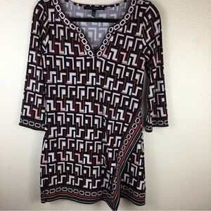 White House Black Market WHBM Tunic Dress Black Red Cream Geo 3/4 Sleeve XS